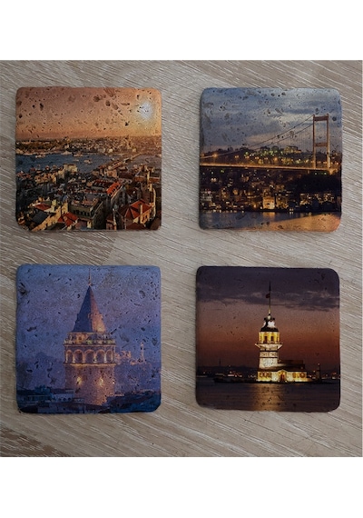 İstanbul Manzaraları Doğal Taş Bardak Altlığı 4'lü Set - Natural Stone Coasters-174110 Çok Renkli