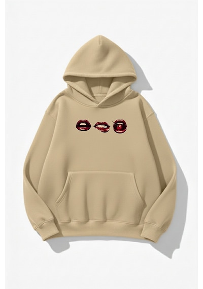 Uyguntarz Unisex Yumuşak Dokulu 3'lü Dudak Baskılı Tasarım Oversize 3 İplik Hoodie Sweatshirt Bej