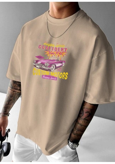 Custom Motor Baskılı Oversize Tişört Bej