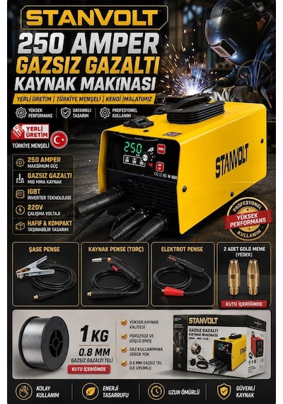 250 Amper Gazsız Gazaltı Kaynak Makinası Mıg/mma İnverter Kaynak Makinesi 220v Yerli Üretim 1 Kg 0.8
