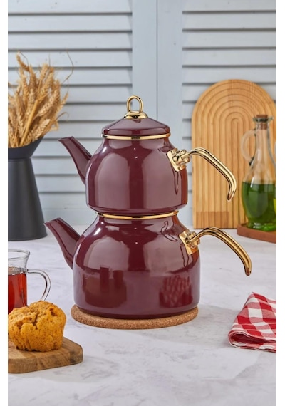 Emaye Özel Tasarım Yapışmaz Yüzey Büyük Boy Demlik Seti Emaye Çaydanlık Üst 1.4 L Alt 2.6 L Bordo
