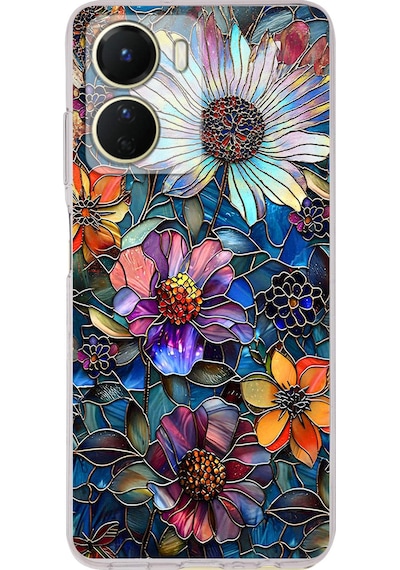 Printify Vivo Y16 İle Uyumlu Vitray Mücevher Flora Tasarımlı Şeffaf Silikon Kılıf Şeffaf