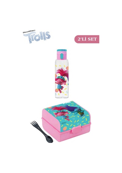 Flosoft Lisanslı Trolls Düğmeli Matara Ve Beslenme Kutusu, 3 Bölmeli Okul Kabı Ve Suluğu 2 Li Set