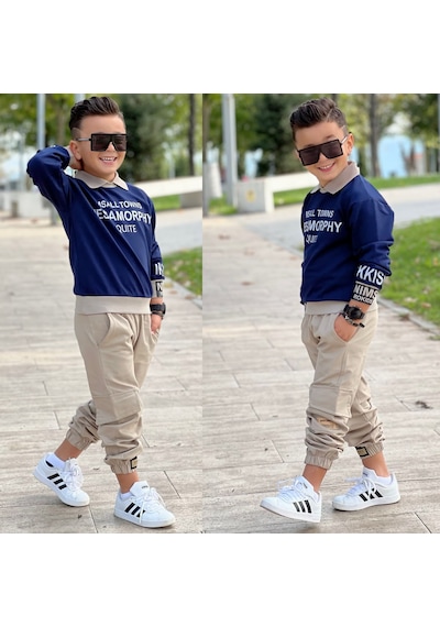 Modavals Gömlek Yaka Sweatshırt Ve Gabardin Kargo Pantolon Erkek Çocuk Kombin Lacivert