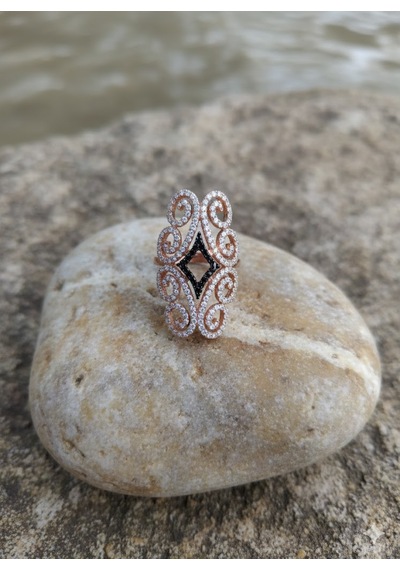 Roz Kaplama Oniks Baklava Desenli Filigran Yüzük Gümüş - Rose Gold