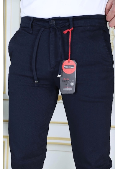 Phantom Jeans Erkek Lacivert Slim Fit Esnek Likralı Armürlü Keten Pantolon Bağcıklı Kemerli Beli Lastikli Şık Pant Lacivert
