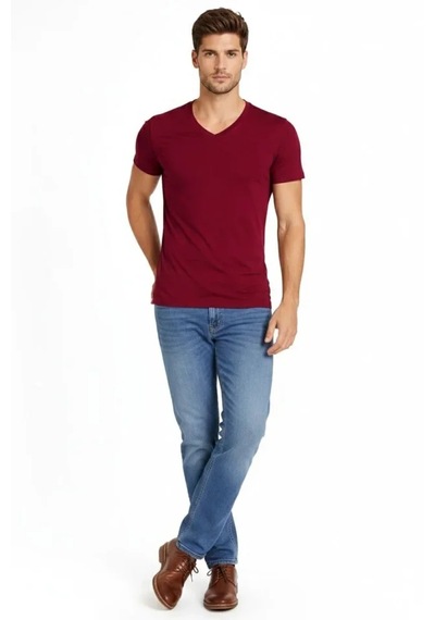 Modi Erkek T-shirt V Yaka Slim Fit Dar Kesim Likralı Tişört Günlük Basic Body - Bordo Açık Bordo