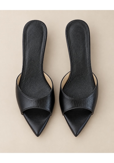 Yeo-leather Siyah Hakiki Deri Önü Açık Sivri Burun Kadın Topuklu Terlik/sandalet 5cm