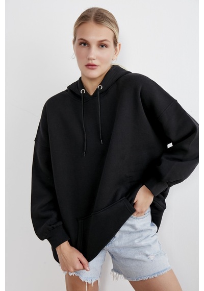Meecy Kadın Siyah Kapüşonlu Kanguru Cepli Sweatshirt Siyah Siyah