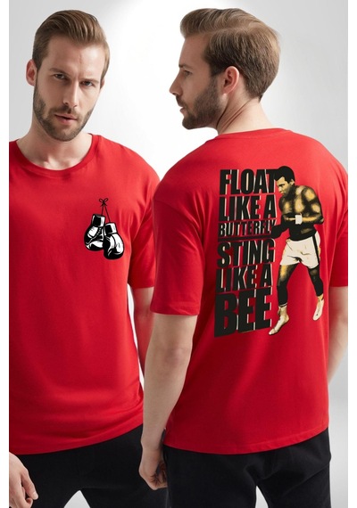 Kelebek Gibi Uçar Arı Gibi Sokarım Ali Boks Kırmızı Oversize Unisex Ön Ve Sırt Baskılı Tişört Kırmızı