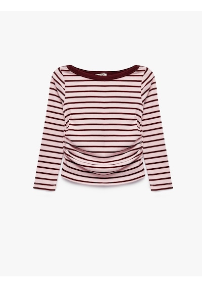 Koton Kaşkorse Bisiklet Yaka Slim Fit Uzun Kollu Çizgili Tişört Pembe Çizgili 7wkg10563ak