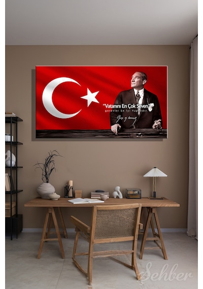 Türk Bayrağı Motifi Gazi Mustafa Kemal Atatürk Portresi Ve Bir Özlü Sözü Yatay Kanvas Tablo 4181 Çok Renkli
