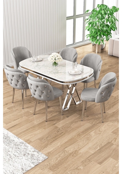 Canisa Zae Serisi 90x168 Lak Panel Beyaz Mermer Desen Krom Ayak Masa Takımı 6 Gri Sandalye Siyah Mermer Desen Masa Sandalyeler Krem Canisa Zae Serisi 90x168 Lak Panel Beyaz Mermer Desen Krom Ayak Masa Takımı 6 Gri Sandalye Siyah Mermer Desen Masa Sandalyeler Krem