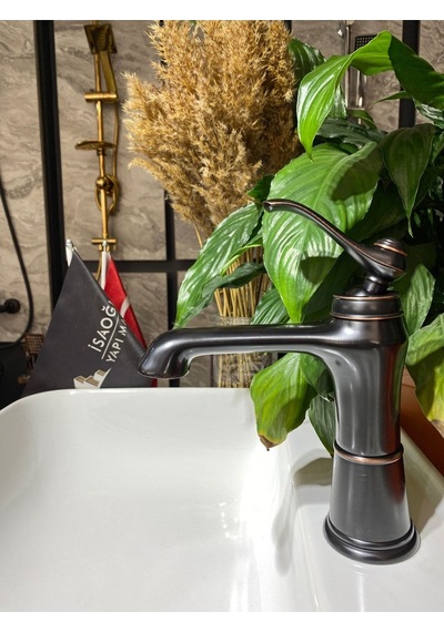 İsaoğlu Yapı Siyah Lavabo Bataryası Vintage Lavabo Musluğu Mat Siyah Banyo Musluk Country Tasarım Siyah