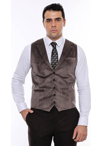 Wessi Kahverengi Ceket Yaka Slimfit Tek Yelek 001