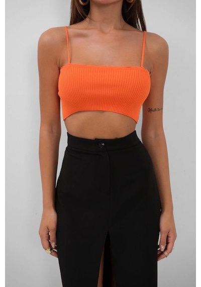 Defymoda İnce Askılı Crop Top Turuncu