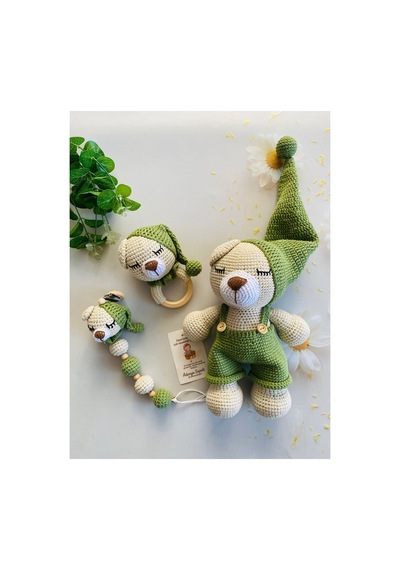 Adenya Sepeti Sepeti Masal Ayıcık Set Yeşil Renk Örgü Amigurumi Oyuncak + Diş Kaşıyıcı + Emzik Askısı