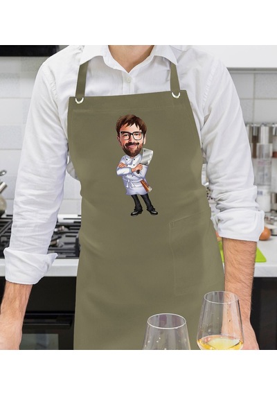 Bk Gift Kişiye Özel Erkek Chef Karikatürlü Profesyonel Haki Yeşil Mutfak Önlüğü, Aşçı Önlüğü, Şef Önlüğü, Arkadaşa -20 Bej