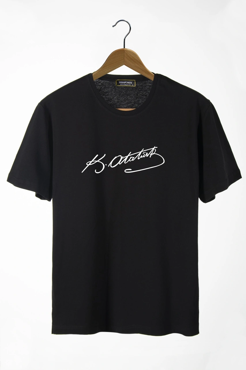 Veaven Unisex Siyah Önü Atatürk Imza Baskılı Bisiklet Yaka Oversize Pamuklu T-shirt SIYAH