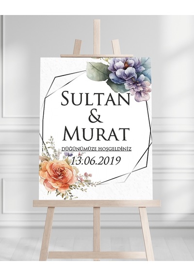 Söz Nişan Düğün İçin 50x70 Karşılama Panosu - Renkli Çiçek Tasarımlı 7 Beyaz