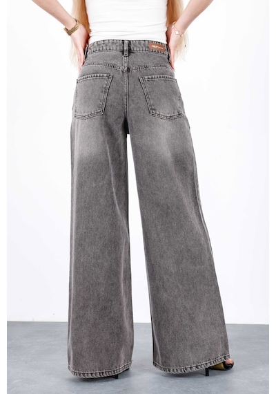 HLT Jeans Gri Kar Kadın Wide Leg Jean %100 Pamuklu Yüksek Bel Palazzo Kot Pantolon Angel-2050 Kar Yıkama