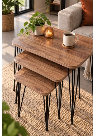 Sulorahome Ceviz Desenli Metal Tel Ayaklı 3'lü Zigon Sehpa Takımı