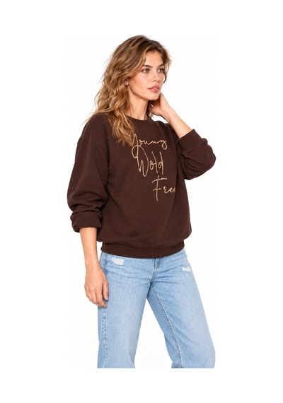 Mevese Kadın Parlak Taş Baskılı Salaş Kesim Üç İplik Sweatshirt - Acı Kahve Kahverengi