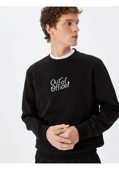 Koton Pamuk Karışımlı Bisiklet Yaka Slogan Baskılı Sweatshirt Siyah 5wam70232mk Siyah