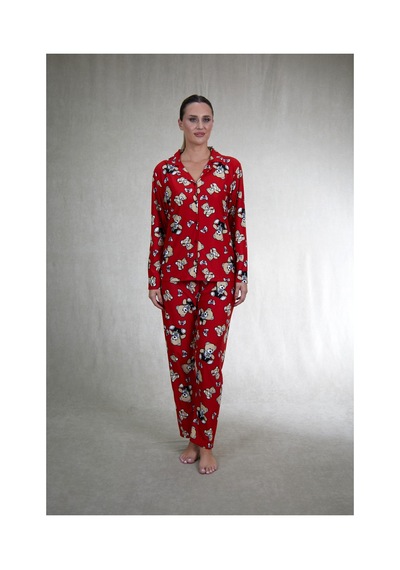 Estiva Kadın Ayıcık Desenli Önden Düğmeli Süet Pijama Takımı Kırmızı