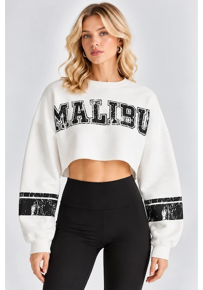 Mevese Malibu Baskılı Rahat Kesim Bisiklet Yaka Crop Sweatshirt - Beyaz