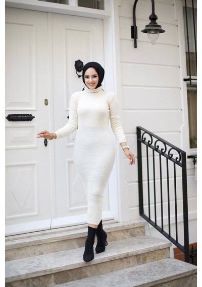 Hira Life Fashion Kadın Elbise Tesettür Giyim Balıkçı Yaka Ve Dar Kesim Triko Kalem Elbise Krem Krem