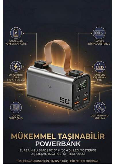 50.000mah Powerbank Pd100w Hızlı Şarj El Fenerli Gri - 928393148 Gri