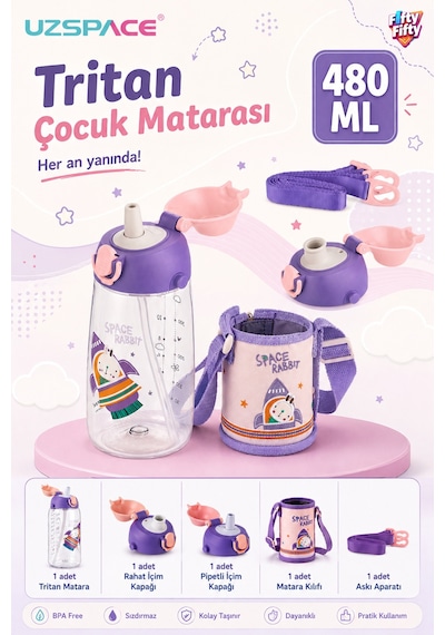480 Ml Kılıflı 2 Ayrı Kapaklı Pipetli / Pipetsiz Tritan Çocuk Su Matarası Mor-yavruağzı
