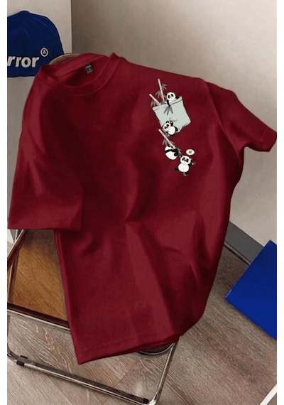Bambu Panda Grafikli Cep Detaylı Kısa Kollu Oversize Unisex Bisiklet Yaka Tişört Kirmizi