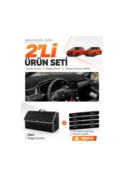 Renault Clıo 5 2019-2026 Uyumlu Torpido Örtüsü + Deri Bagaj Çantası + Sticker Seti - Siyah Gri