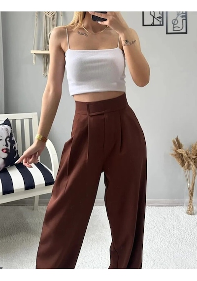 Thiff Gymwear Kadın Likralı Cırt Kapama Lacivert Geniş Paçalı Rahat Palazzo Pantolon Kahverengi