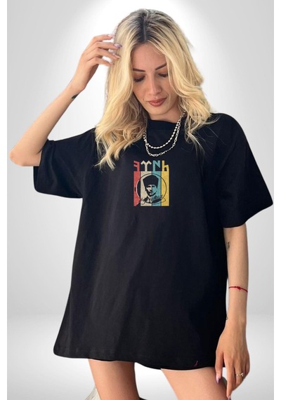 Atatürk İmzalı Türk Logo Siyah Oversize Unisex Ön Orta Minimal Baskılı Tişört Siyah