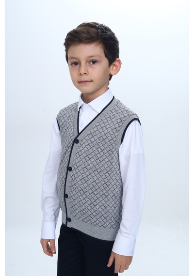 Toontoy Kids Toontoy Erkek Çocuk V Yaka Düğmeli Triko Yelek - Diagonal Desenli Gri