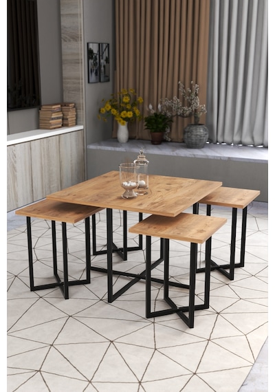 Retodesign Açelya Kare Orta Sehpa Ve 4 Zigon Sehpalı Takım 5005 Ahşap