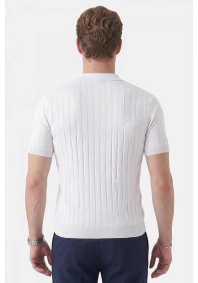 Rizzup Erkek Beyaz Polo Yaka Fermuarlı Çizgi Dokulu Regular Fit Likralı Triko Tişört 2608008