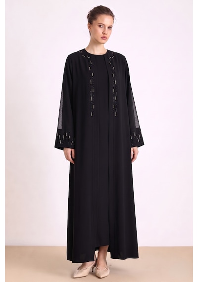 Olcay Taş Ve Tül Detaylı Abaya Takım Siyah 9450-tk