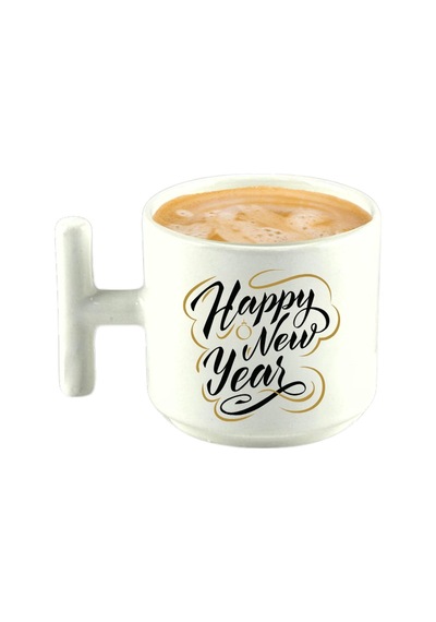 Deepcraft Best Quality 'happy New Year' T Kulplu Kupa Yılbaşı,sevgililer Günü, Hediyelik Kupa 185ml Beyaz