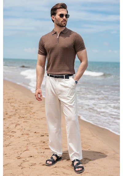 Madmext Açık Kahverengi Regular Fit Polo Yaka Triko Erkek Tişört E7503
