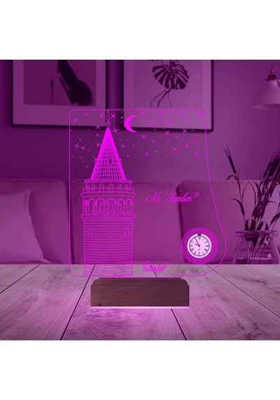 Luvivia İstanbul Galata Kulesi Kişiye Özel Metal Saatli 3d Lamba - Masa Gece Lambası