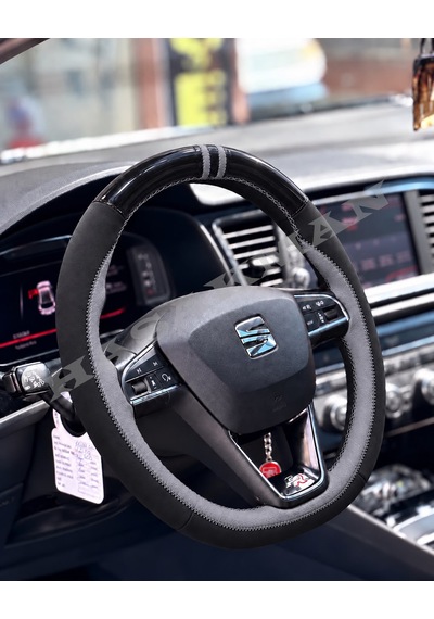 Seat Ateca Dikme Direksiyon Kılıfı Parlak Siyah Gri Detaylı Gri Çift Yüzük Ve Dikiş2016-2020