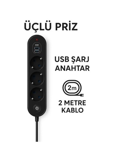 3 Lü Priz 2 Usb-a + 1 Usb-c Termal Akım Korumalı, 2500w Güç, Aç/kapa Anahtarlı, Isıya Dayanıklı