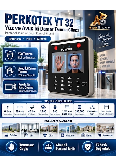 Perkotek Yt 32 Yüz Ve Avuç İçi Damar Tanıma Personel Takip Cihazı Wifi