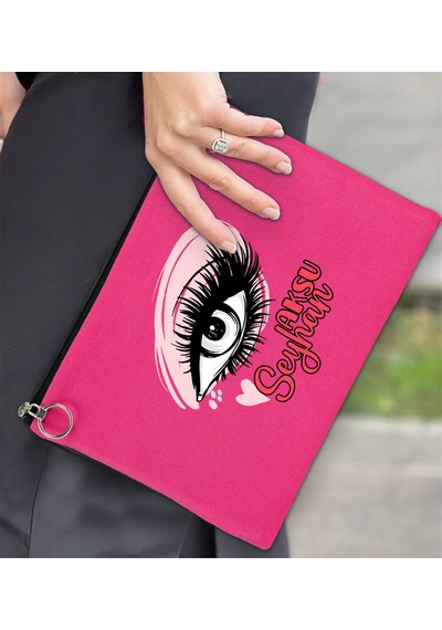 Bk Gift Kişiye Özel İsimli-5 Astarlı Fuşya Portföy Çanta 30x21cm, Baskılı El Çantası, Organizer Çanta