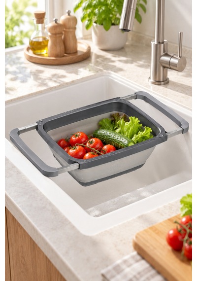 Ayarlanabilir Katlanır Süzgeç 6300 Ml Uzatılabilir Saplı Lavabo Üstü Sebze Meyve Yıkama Ve Süzme Aparatı Gri - 934811888 Diğer