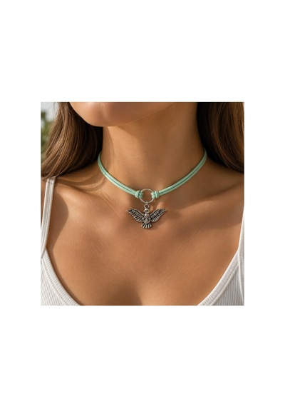 Su Yeşili Süet İp - Albatros Kuşu Kadın Choker Renkli